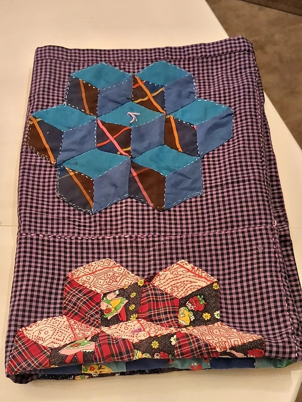 Handmade Patchwork Checkered Small Lap Quilt in Purple & Blue